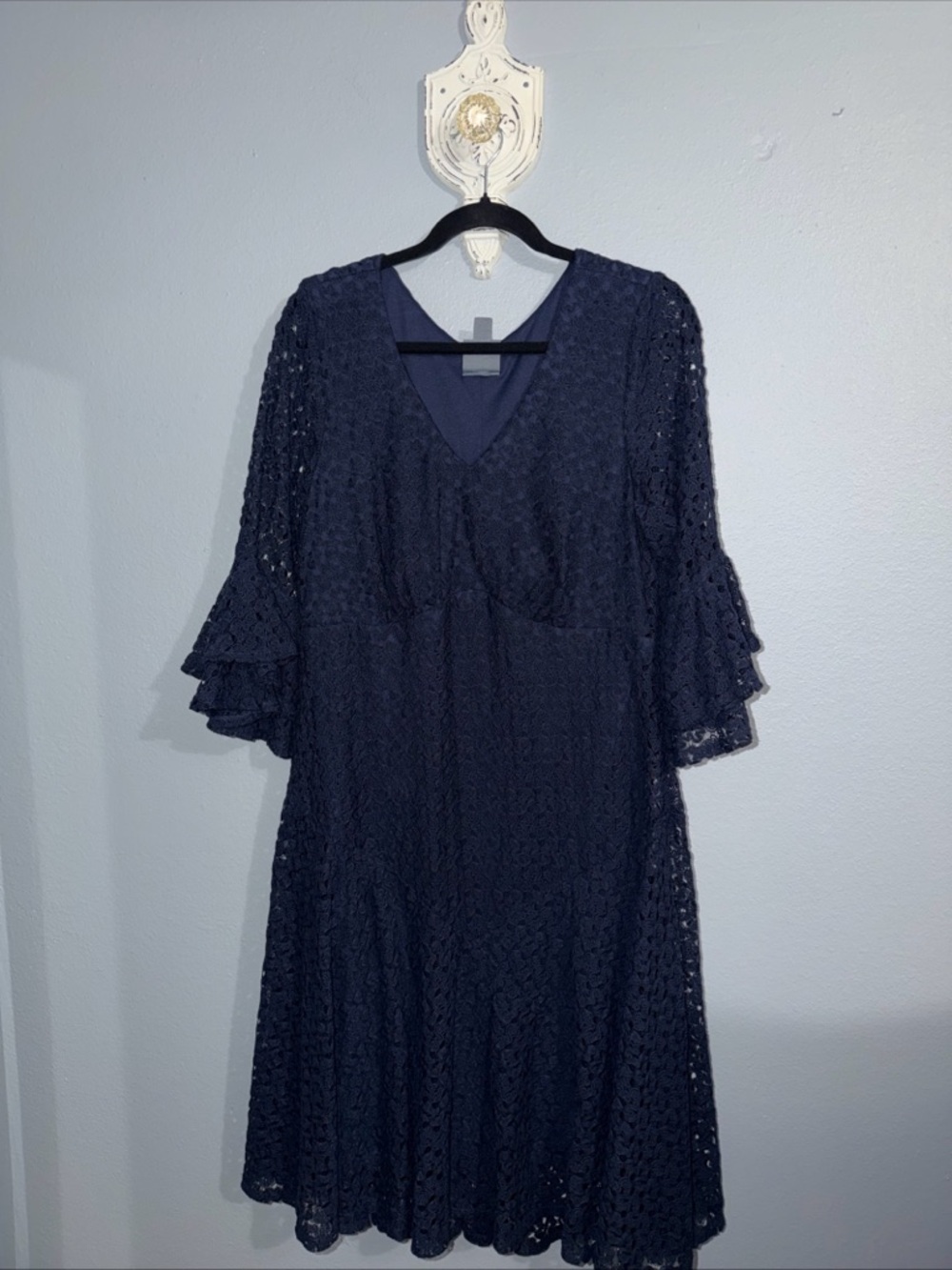 Rabbit Rabbit Rabbit Dress Womens Size 16 Dark Blue Eyelet Lace Crochet  Bell - Picture 2 of 8